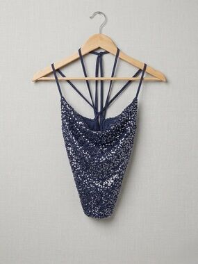 Sequin Corset Strappy Back Tank Top - Navy